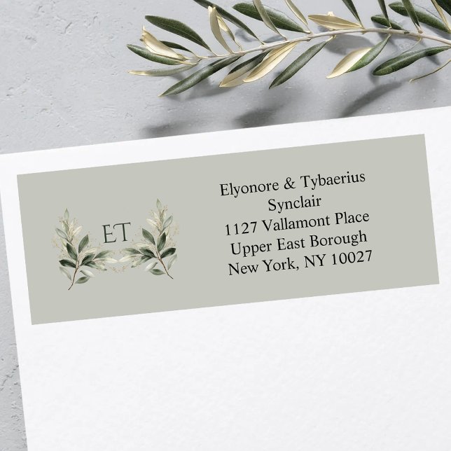 Sage Green Olive Branch Monogram Return Address (Creator Uploaded)