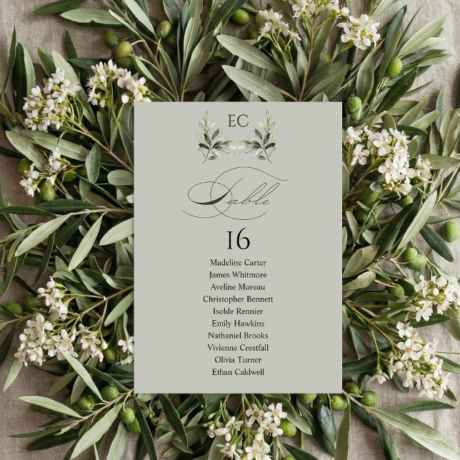 Sage Green Olive Branch Monogram Table Number (Creator Uploaded)