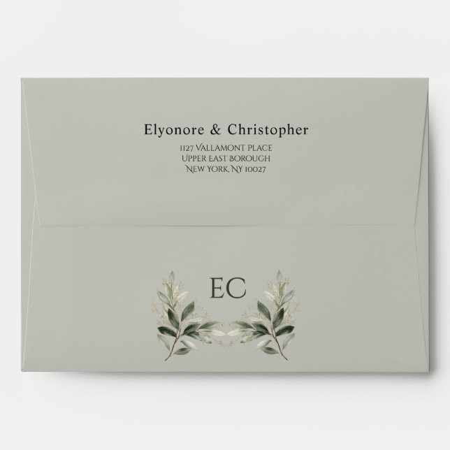 Sage Green Olive Branch Monogram Wedding Envelope (Back (Top Flap))