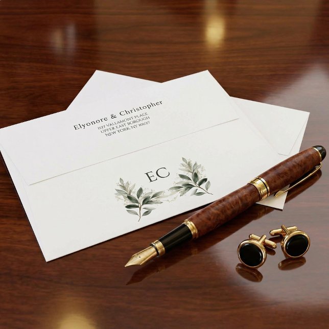 Sage Green Olive Branch Monogram Wedding Envelope (Creator Uploaded)