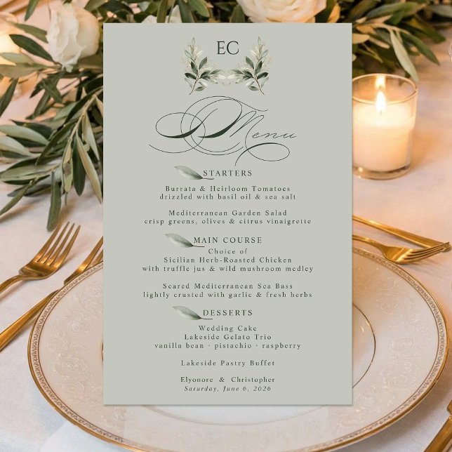 Sage Green Olive Branch Monogram Wedding Menu (Creator Uploaded)