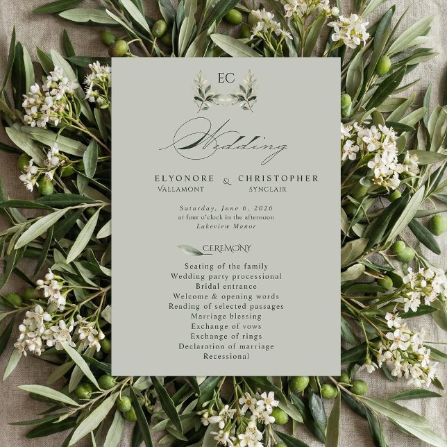 Sage Green Olive Branch Monogram Wedding Program  Programme (Creator Uploaded)