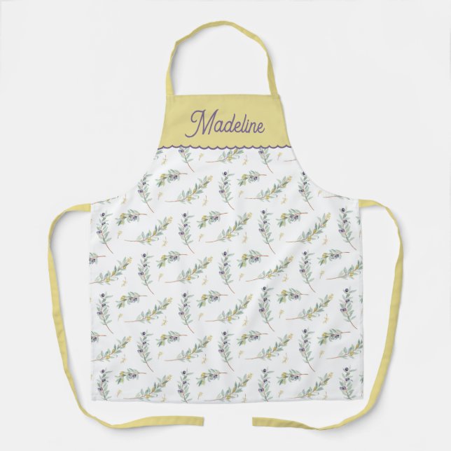 Sage Green Olive Branch Pattern Custom Name Apron (Front)