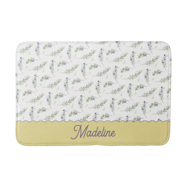 Sage Green Olive Branch Pattern Monogram Bath Mat (Front)