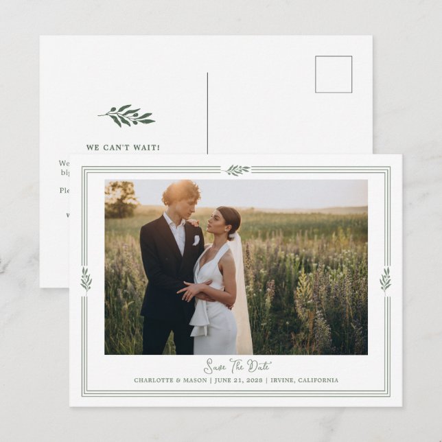 Sage Green Olive Branch Photo Save Date Postcard (Front/Back)