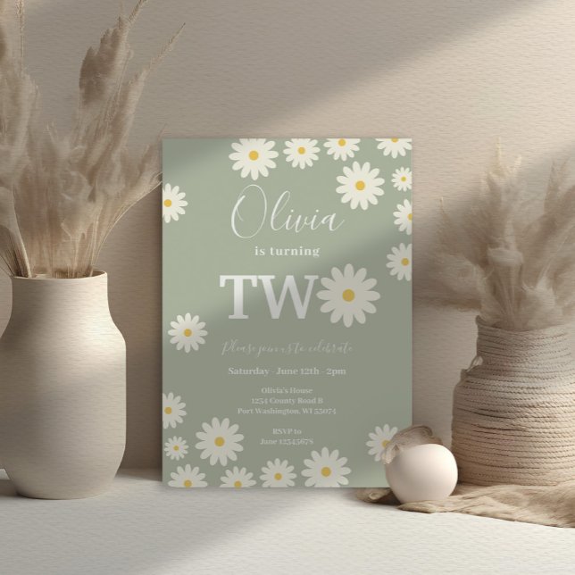 Sage Green Olive Daisy Floral 2nd Birthday party  Invitation (Creator Uploaded)