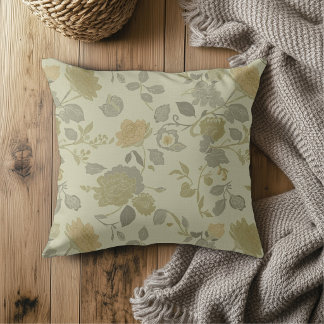 Sage Green Olive Gold Grey Modern Farmhouse Floral Cushion