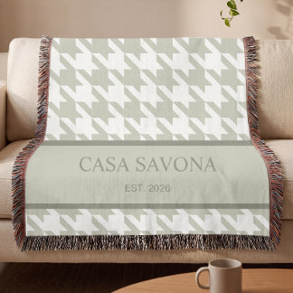 Sage Green + Olive Houndstooth Personalised Throw Blanket