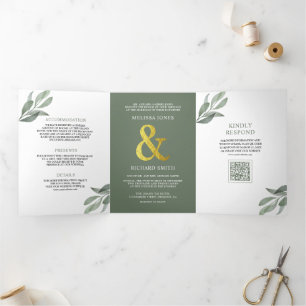 Sage Green Olive Leaves Branch QR Code Wedding Tri-Fold Invitation