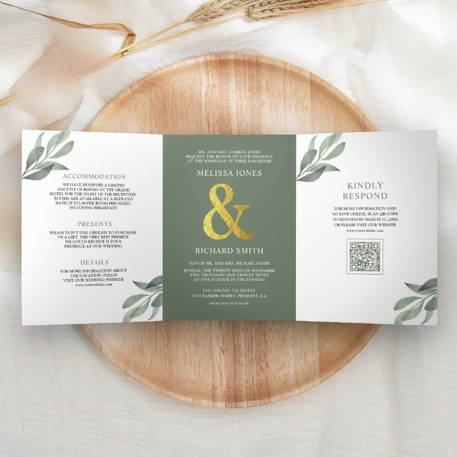 Sage Green Olive Leaves Branch QR Code Wedding Tri-Fold Invitation (Creator Uploaded)