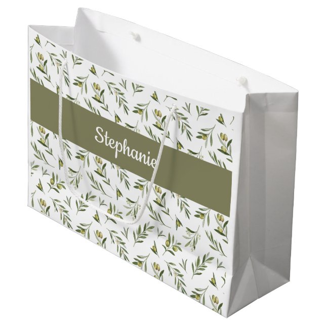 Sage Green Olives Watercolor Monogram Name Large Gift Bag (Front Angled)