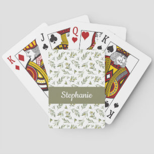 Sage Green Olives Watercolor Monogram Name Playing Cards