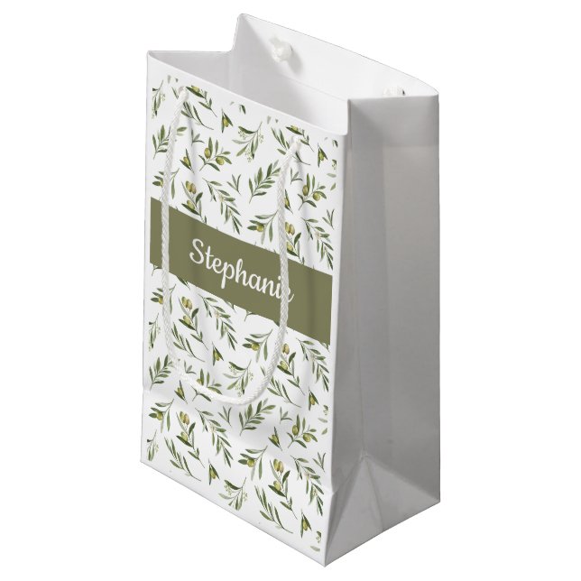 Sage Green Olives Watercolor Monogram Small Gift Bag (Front Angled)
