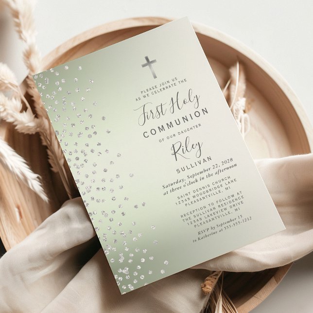 Sage Green Ombre Confetti First Holy Communion Invitation (Creator Uploaded)
