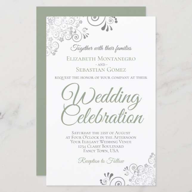 Sage Green on White BUDGET Wedding Invite Large (Front/Back)