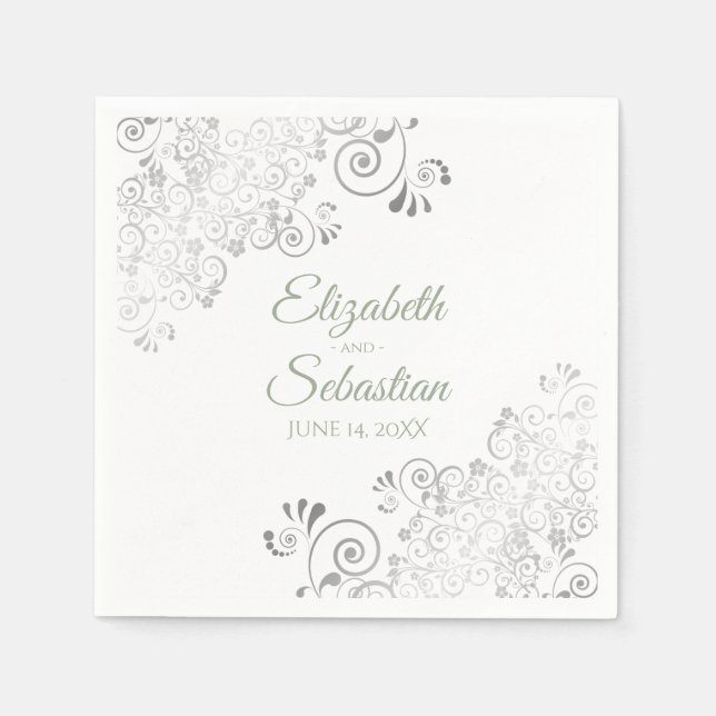 Sage Green on White Silver Frills Elegant Wedding Napkin (Front)