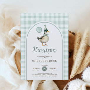 Sage Green One Lucky Duck Balloon 1st Birthday Invitation