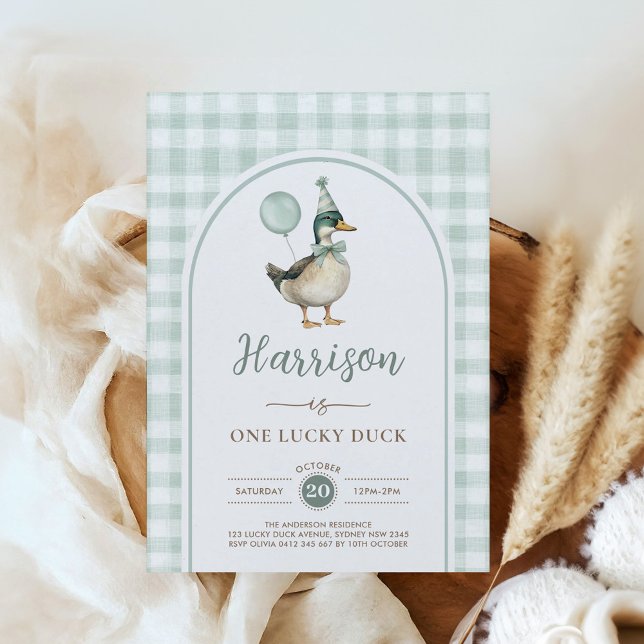 Sage Green One Lucky Duck Balloon 1st Birthday Invitation (Creator Uploaded)