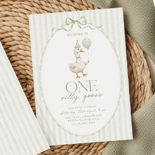 Sage Green One Silly Goose Birthday Invitation
