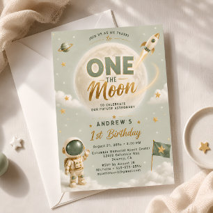 Sage Green One The Moon Birthday Party Astronaut Invitation