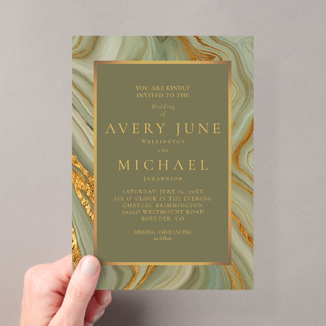 Sage Green Onyx Marble With Gold Acrylic Invitations (Insitu (Handheld))