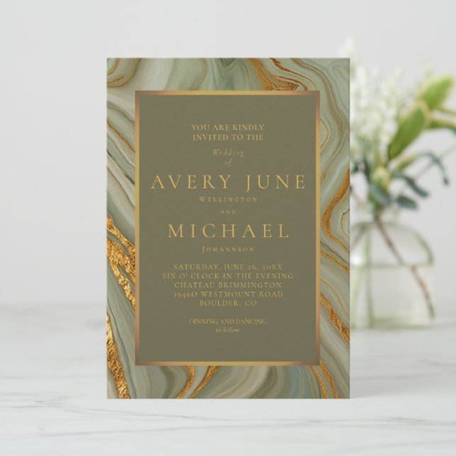 Sage Green Onyx Marble With Gold Invitation (Standing Front)
