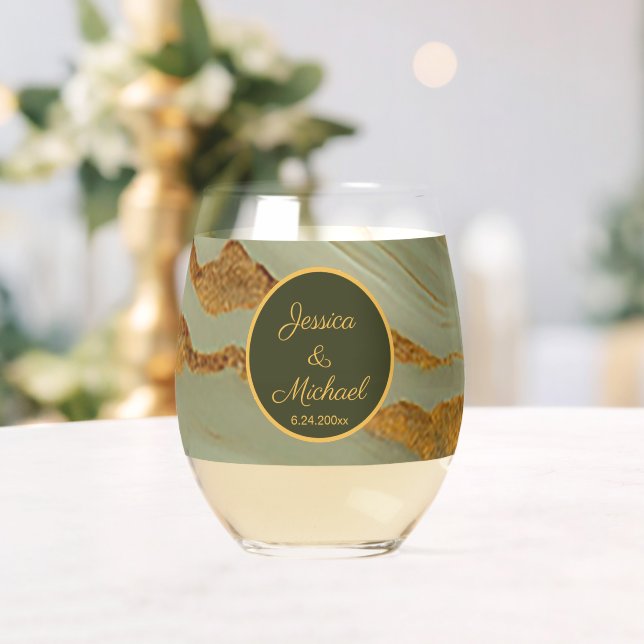 Sage Green Onyx Stone Pattern  Stemless Wine Glass (Insitu (Wedding))