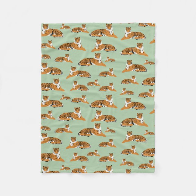 Sage Green Orange Jungle Tiger Animal Pattern  Fleece Blanket (Front)