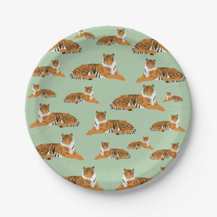Sage Green Orange Jungle Tiger Animal Pattern  Paper Plate
