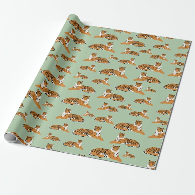 Sage Green Orange Jungle Tiger Animal Pattern  Wrapping Paper (Unrolled)