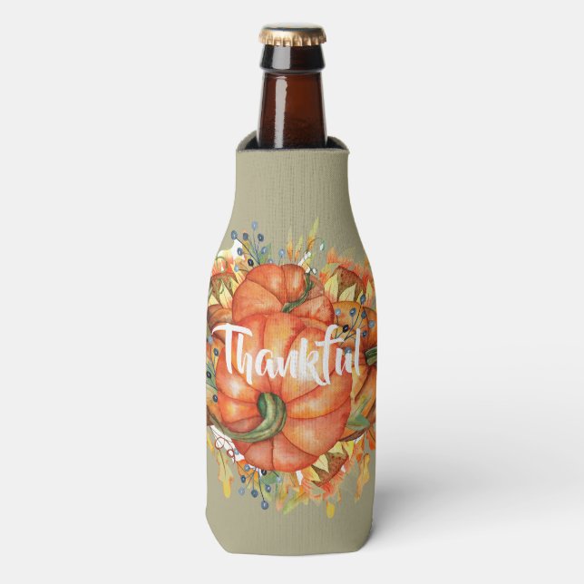 Sage Green & Orange Pumpkin Bounty Thanksgiving  Bottle Cooler (Bottle Front)