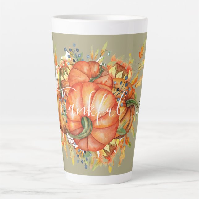 Sage Green & Orange Pumpkin Bounty Thanksgiving  Latte Mug (Front)
