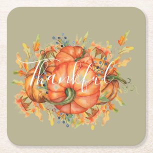 Sage Green & Orange Pumpkin Bounty Thanksgiving Square Paper Coaster