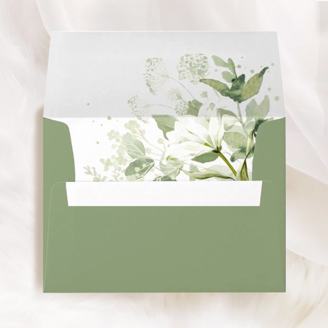 Sage Green Organic Greenery Liner & Addressed Envelope (Sage green organic greenery printed wedding envelope with addressed and botanical liner)