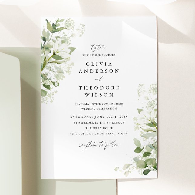 Sage Green Organic Greenery Watercolor Wedding Invitation (Sage green organic greenery wedding invitation, watercolor wild florals, elegant modern classic)