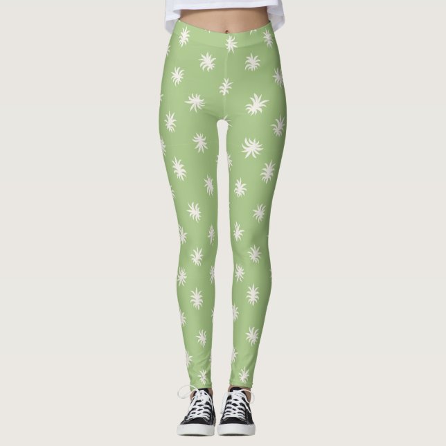 Sage Green Organic Spark Floral Pattern Leggings (Front)