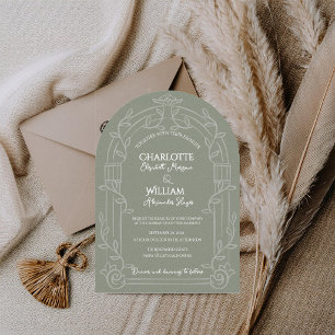Sage Green Ornate Arch Botanical Wedding Invitation
