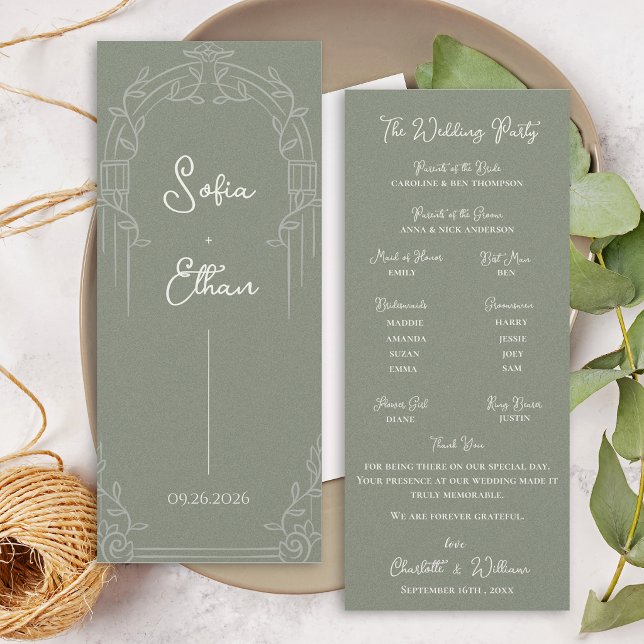 Sage Green Ornate Arch Botanical Wedding Program  Invitation (Elegant Sage Green Ornate Arch Botanical Wedding Program Card)