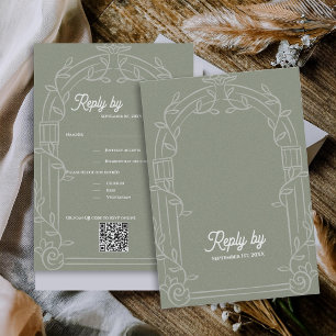 Sage Green Ornate Arch Botanical Wedding Reply By RSVP Card
