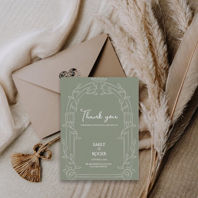 Sage Green Ornate Arch Botanical Wedding Thank You Postcard (Sage Green Ornate Arch Botanical Wedding Thank You Card | Elegant Wedding Thank You Note)