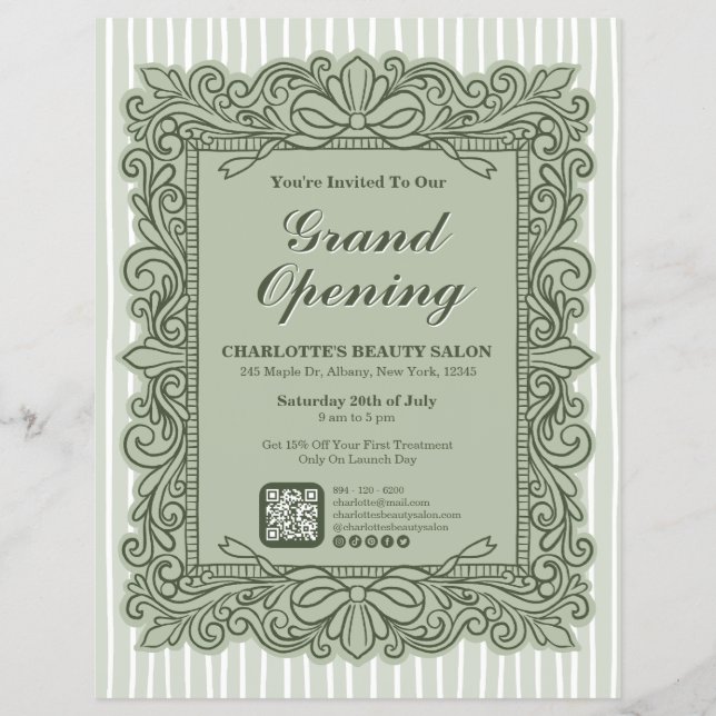 Sage Green Ornate Bow Frame Grand Opening Flyer (Front)