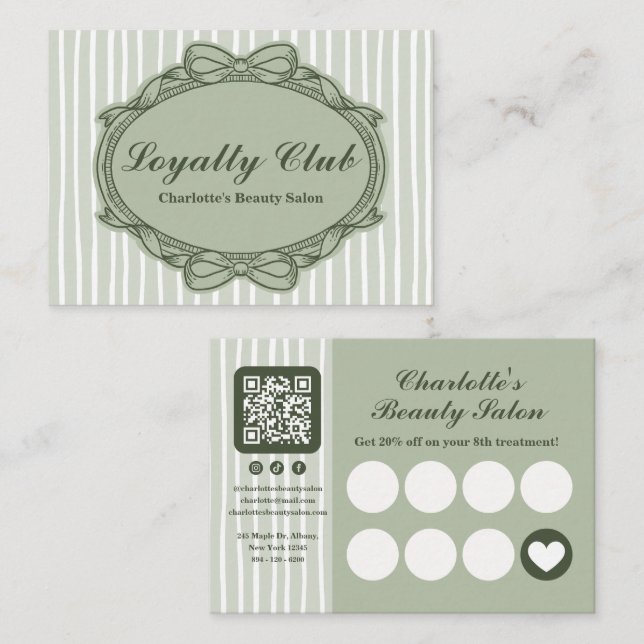 Sage Green Ornate Bow Frame Salon Loyalty Card (Front/Back)