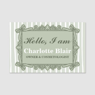 Sage Green Ornate Bow Vintage Style Frame Hello Name Tag