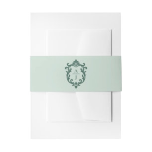 Sage Green Ornate Floral Crest Wedding Invitation Belly Band