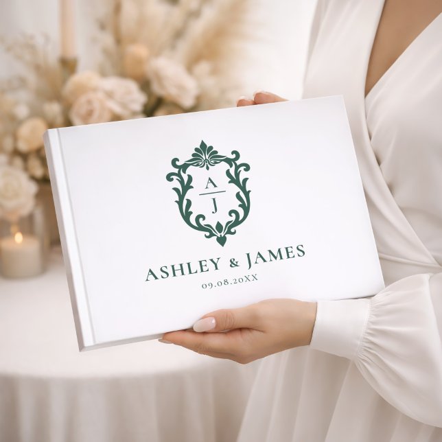Sage Green Ornate Monogram Crest Wedding Guest Book (Creator Uploaded)