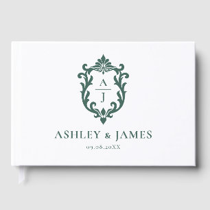 Sage Green Ornate Monogram Crest Wedding Guest Book