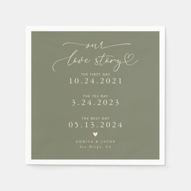 Sage Green Our Love Story Elegant Script Wedding Napkin (Front)