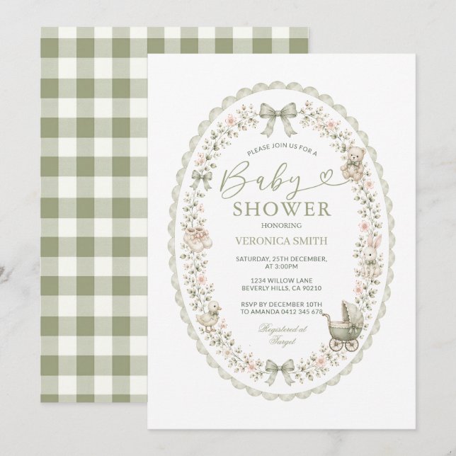 Sage Green Oval Bow Gingham Baby Shower Invitation (Front/Back)