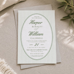 Sage Green Oval Frame Striped Wedding Invitation