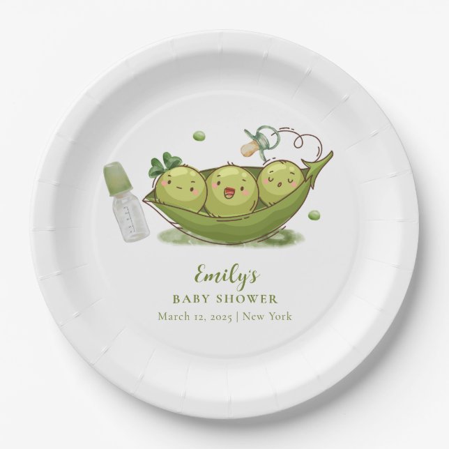 Sage Green Pacifier Sweet Pea In Pod Baby Shower Paper Plate (Front)